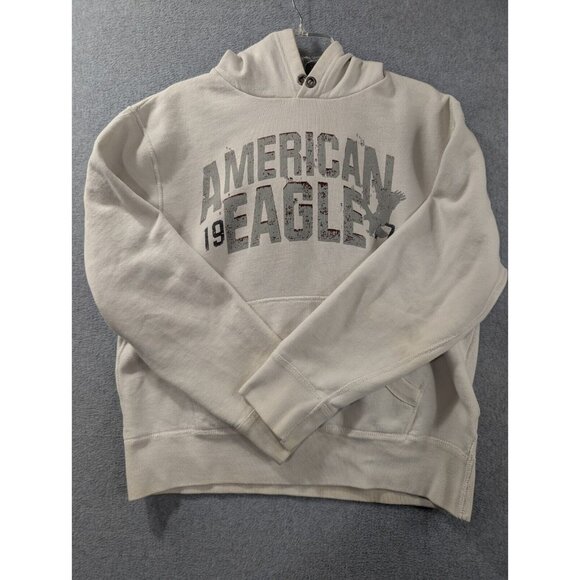 VTG American Eagle Hoddie Mens SZ L Ivory Pullover Pinted Lettering - Picture 1 of 10
